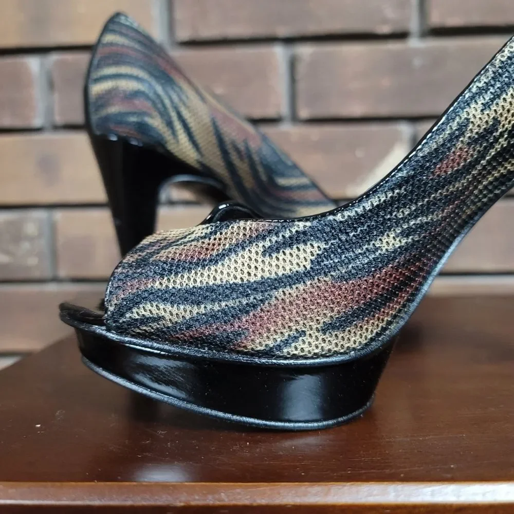 Carlos Carlos Santana ultra platform spike high heels peep toe trial print shoes